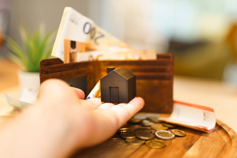 A close-up view of a person's hand placing a coin into a black ceramic piggy bank, which is positioned on a white surface surrounded by various coins of different denominations and currencies. The coi